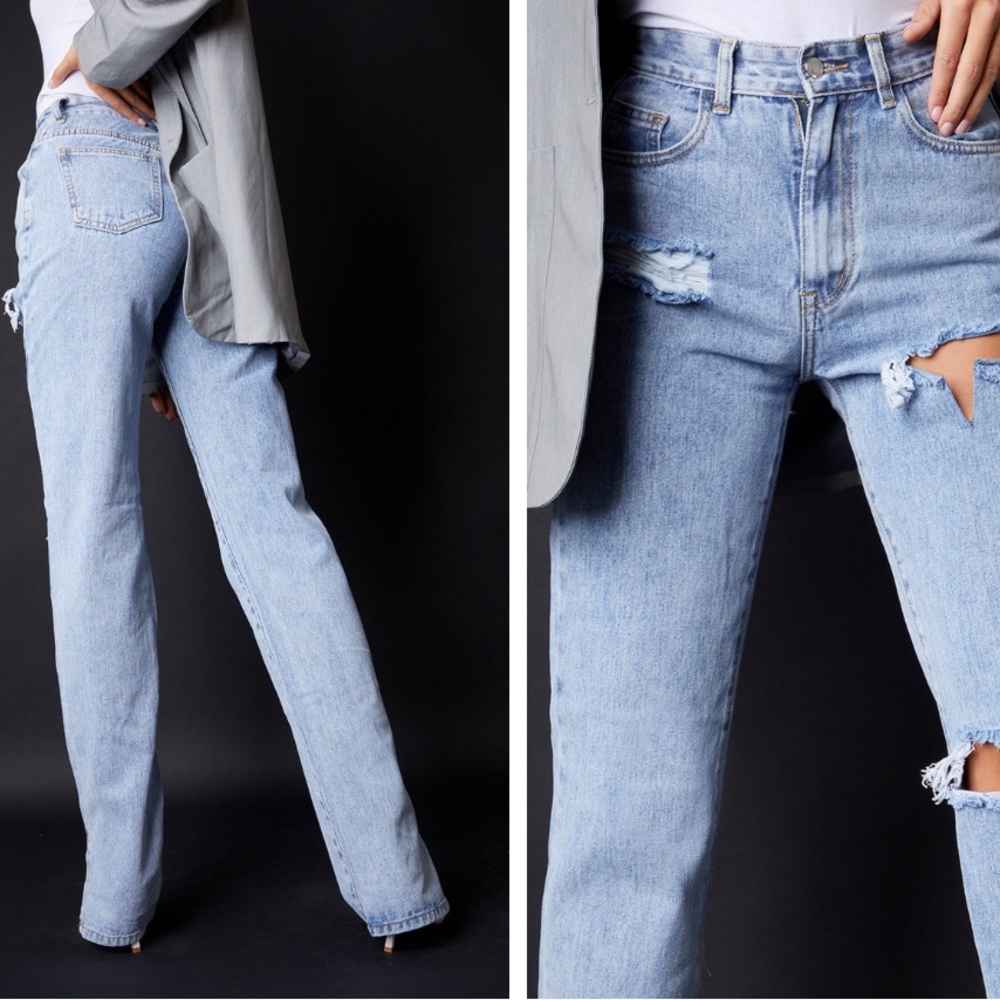 Pretty little thing Bleach light Wash Ripped Split Hem Jeans Women’s size 7/27 - Picture 2 of 10